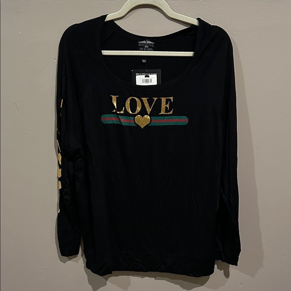 Black Long Sleeve Love Shirt with Gold Accents by Bird & Vine Sz L.  RW